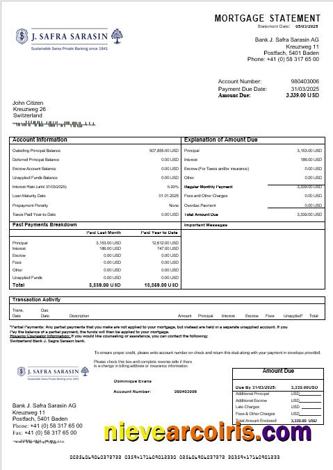 Switzerland Bank J. Safra Sarasin bank mortgage statement